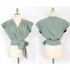 2 Pieces Set Women V-neck Lace Up Tops & High Waist Wide Leg Pants OL Style nowadaysfashion