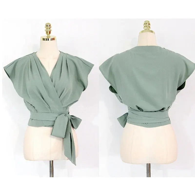 2 Pieces Set Women V-neck Lace Up Tops & High Waist Wide Leg Pants OL Style - Blade & Thread