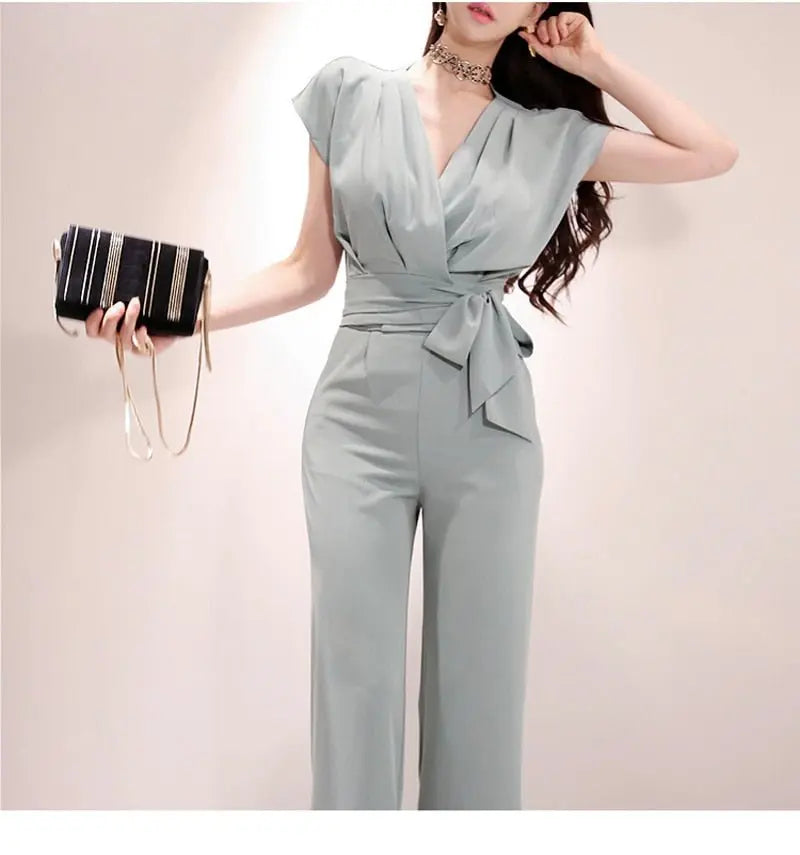 2 Pieces Set Women V-neck Lace Up Tops & High Waist Wide Leg Pants OL Style - Blade & Thread