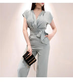 2 Pieces Set Women V-neck Lace Up Tops & High Waist Wide Leg Pants OL Style nowadaysfashion