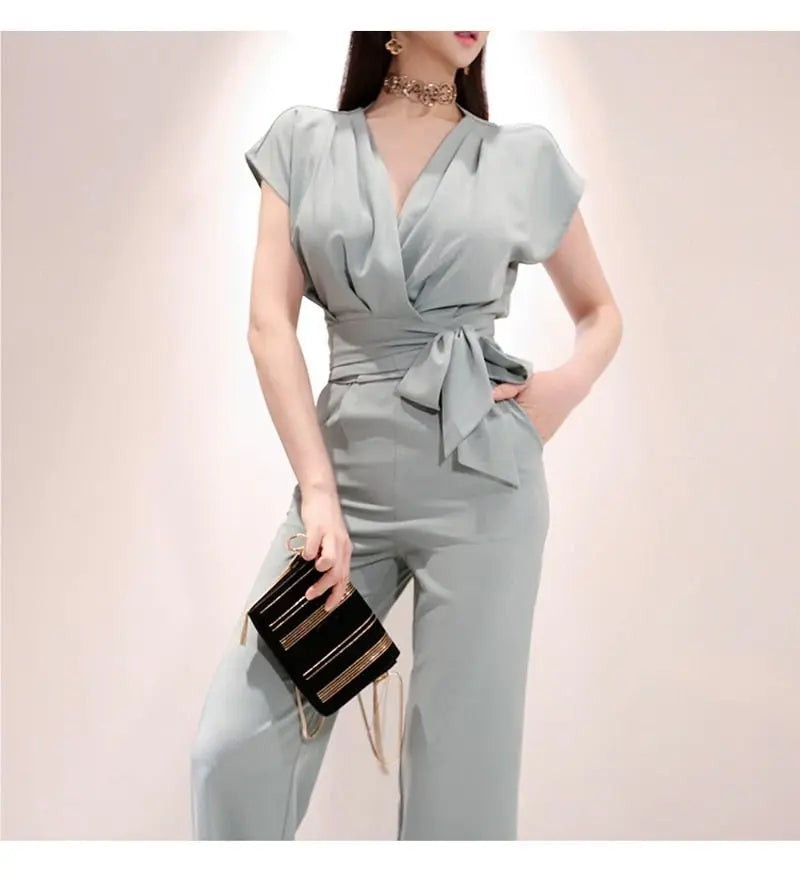 2 Pieces Set Women V-neck Lace Up Tops & High Waist Wide Leg Pants OL Style - Blade & Thread