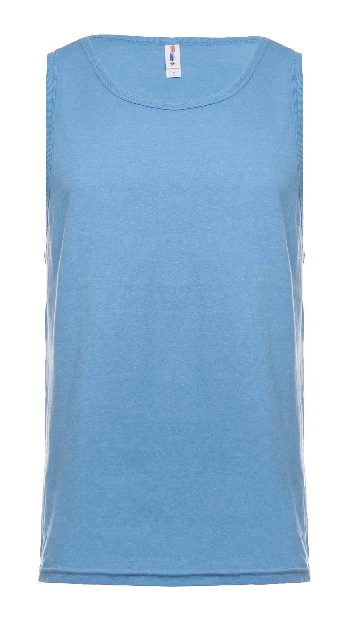 Men's light blue Heather Tank Top by SpectraUSA, front view showcasing casual sleeveless design and soft fabric texture.