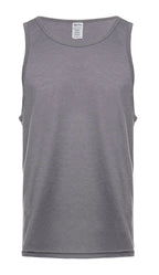 Men's grey heather tank top by SpectraUSA in medium size, front view showing sleeveless design and comfortable fit.