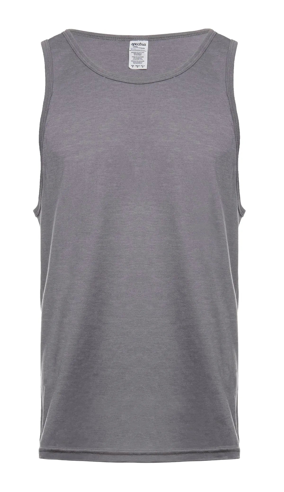 Men's grey heather tank top by SpectraUSA in medium size, front view showing sleeveless design and comfortable fit.