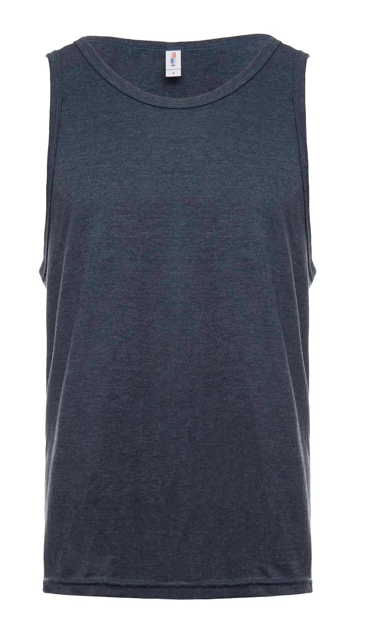 Men's navy heather tank top by SpectraUSA, front view showing sleeveless design and comfortable fit.