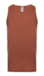 Men's red heather tank top by SpectraUSA, front view showcasing casual sleeveless design and comfortable fit.