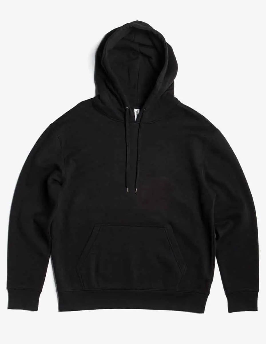 Black heavyweight fleece hoodie by SpectraUSA, model P2016, shown in a close-up image highlighting the fabric texture.
