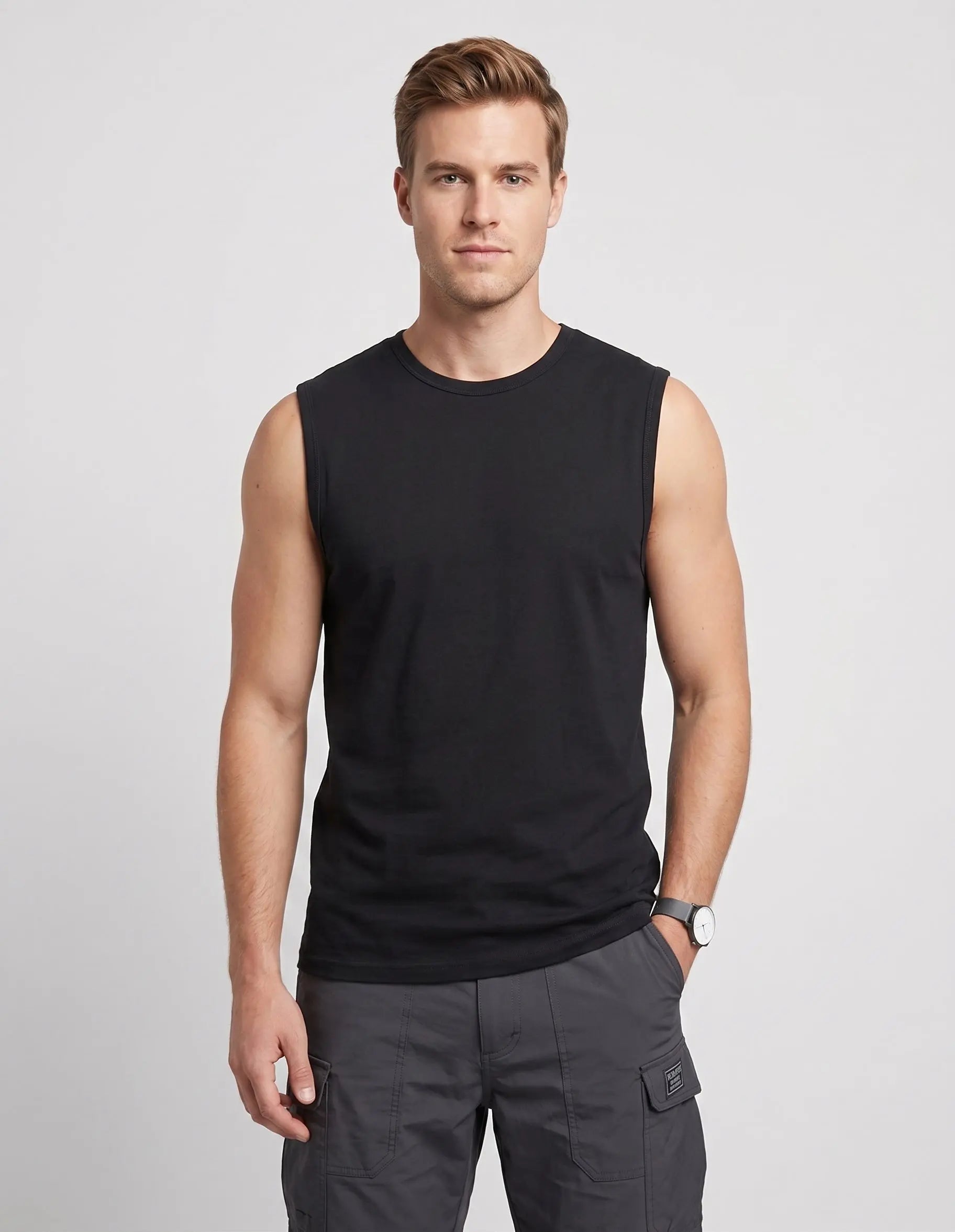 Men's Rib Muscle Tank by SpectraUSA featuring a fitted front design, perfect for athletic and casual wear.