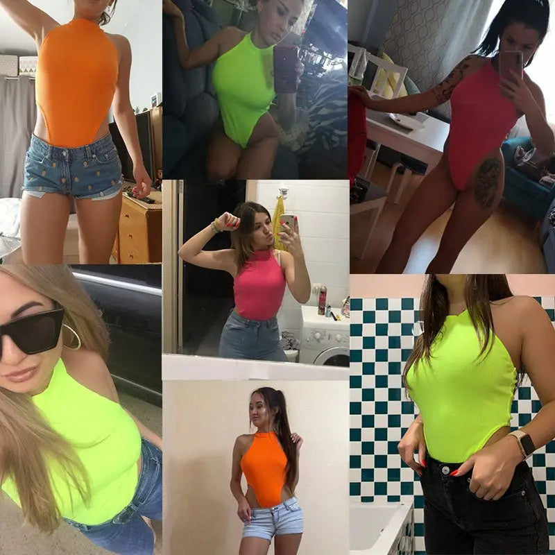2022 Neon Green Red Orange Sexy Bodysuit Summer Clothes for Women Casual Streetwear Jumpsuits - Blade & Thread