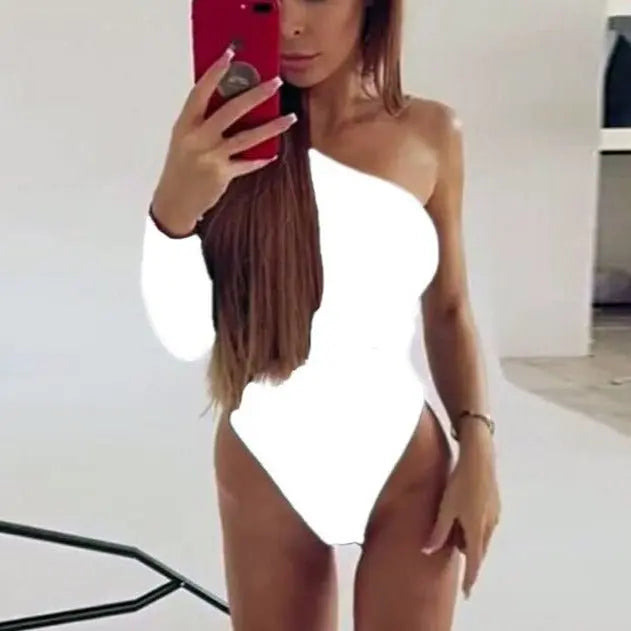 2022 One Shoulder Bodysuit Rib Knit Elegant Women Sexy Bodysuits Long Sleeve Skinny Bodysuit - Blade & Thread