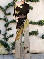 2022 Summer Pattern Print Jumpsuit Off Shoulder Romper Women  Wide Leg Pant Playsuit nowadaysfashion