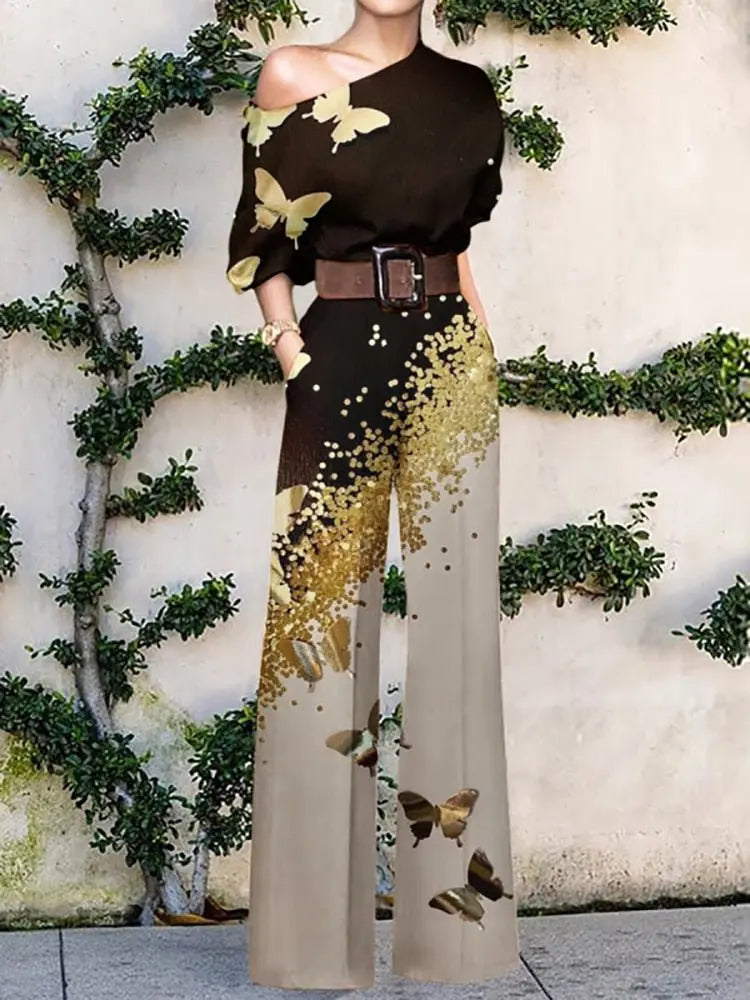 2022 Summer Pattern Print Jumpsuit Off Shoulder Romper Women Wide Leg Pant Playsuit - Blade & Thread