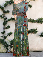 2022 Summer Pattern Print Jumpsuit Off Shoulder Romper Women  Wide Leg Pant Playsuit nowadaysfashion
