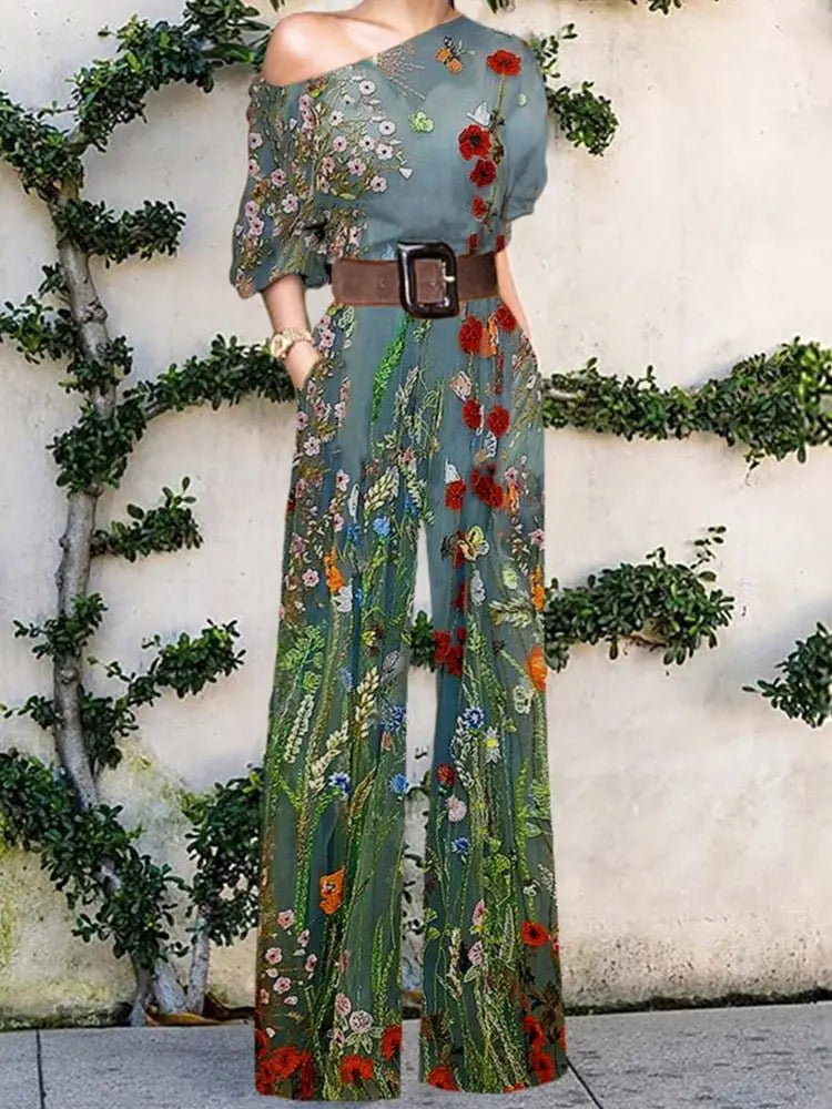 2022 Summer Pattern Print Jumpsuit Off Shoulder Romper Women  Wide Leg Pant Playsuit nowadaysfashion