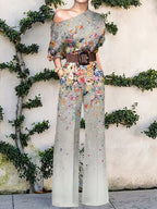 2022 Summer Pattern Print Jumpsuit Off Shoulder Romper Women  Wide Leg Pant Playsuit nowadaysfashion