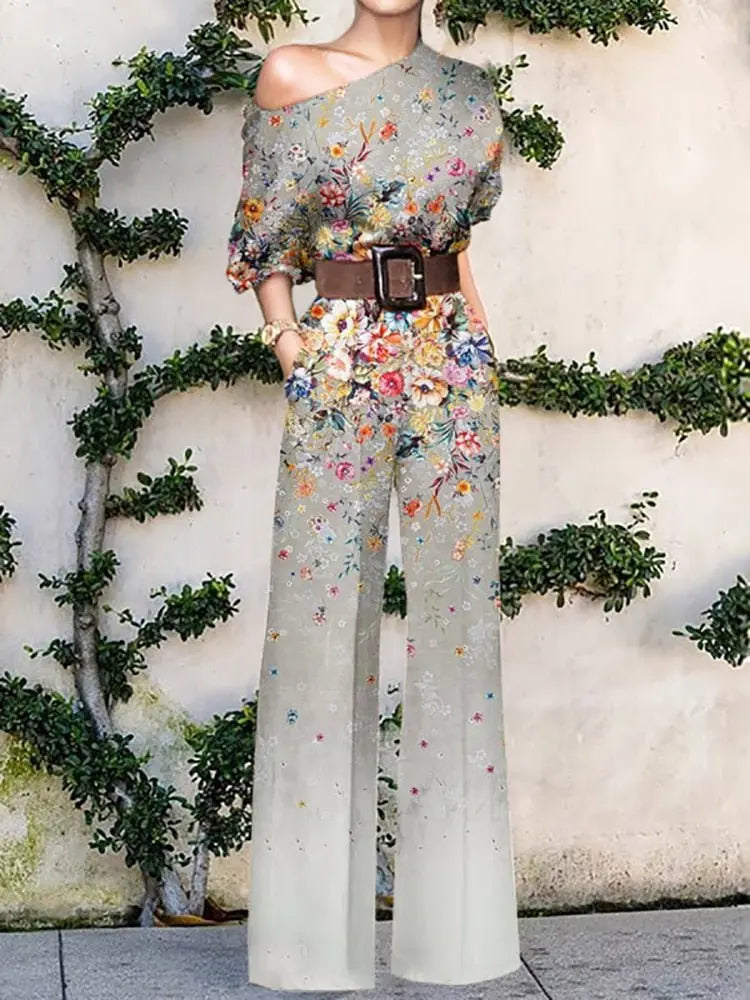 2022 Summer Pattern Print Jumpsuit Off Shoulder Romper Women Wide Leg Pant Playsuit - Blade & Thread