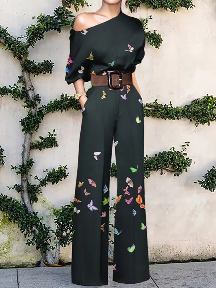 2022 Summer Pattern Print Jumpsuit Off Shoulder Romper Women  Wide Leg Pant Playsuit nowadaysfashion