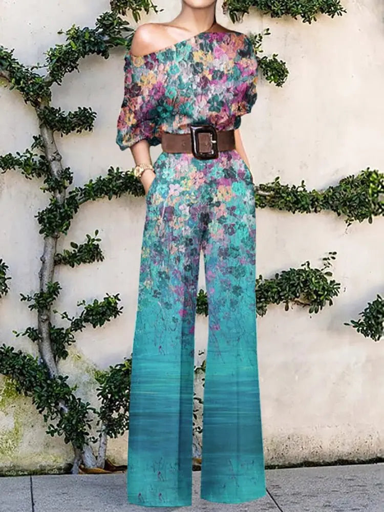 2022 Summer Pattern Print Jumpsuit Off Shoulder Romper Women Wide Leg Pant Playsuit - Blade & Thread