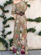 2022 Summer Pattern Print Jumpsuit Off Shoulder Romper Women  Wide Leg Pant Playsuit nowadaysfashion