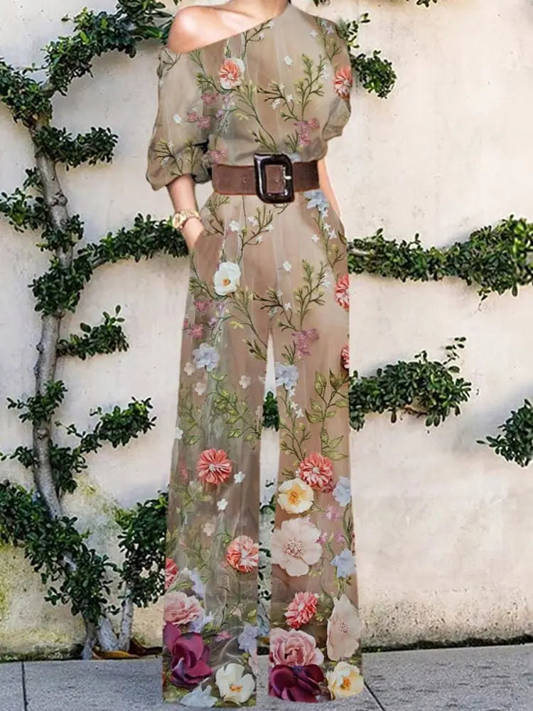 2022 Summer Pattern Print Jumpsuit Off Shoulder Romper Women Wide Leg Pant Playsuit - Blade & Thread