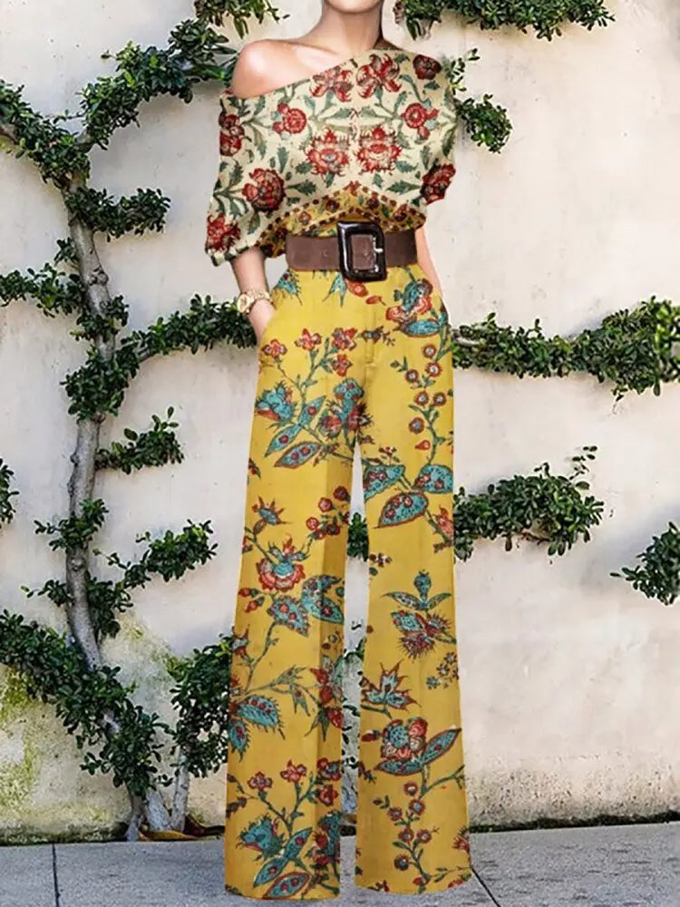2022 Summer Pattern Print Jumpsuit Off Shoulder Romper Women  Wide Leg Pant Playsuit nowadaysfashion