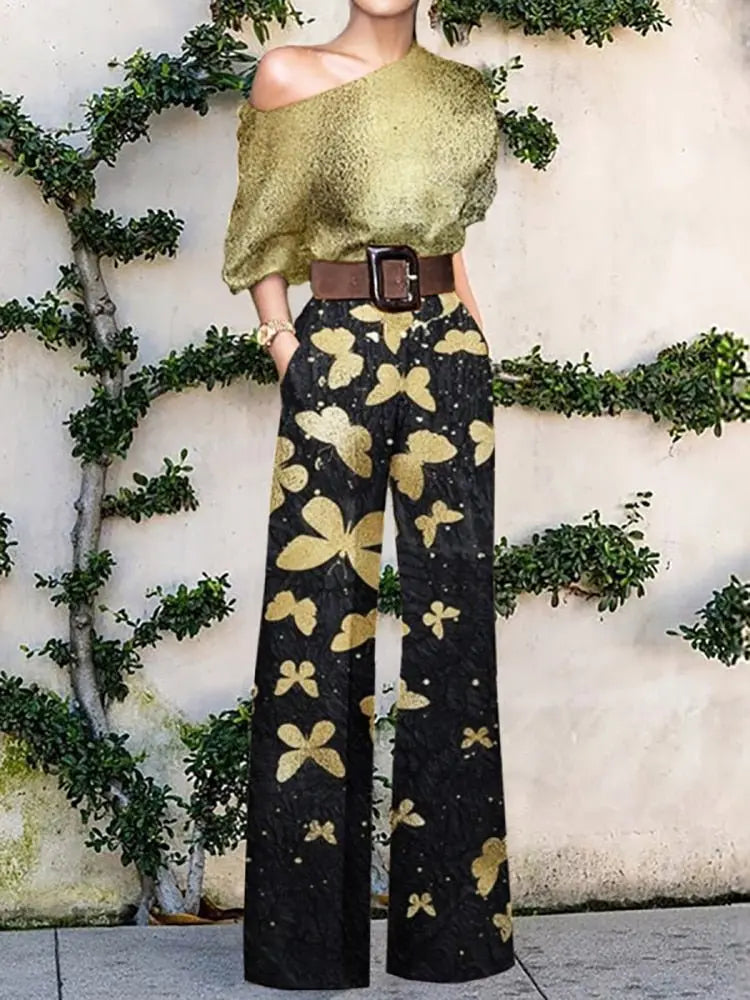 2022 Summer Pattern Print Jumpsuit Off Shoulder Romper Women Wide Leg Pant Playsuit - Blade & Thread