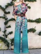 2022 Summer Pattern Print Jumpsuit Off Shoulder Romper Women  Wide Leg Pant Playsuit nowadaysfashion