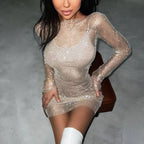 2022 Summer Sexy Girls See Through Mesh Night Club Warp Dress Long Sleeve Mini Bodycon nowadaysfashion