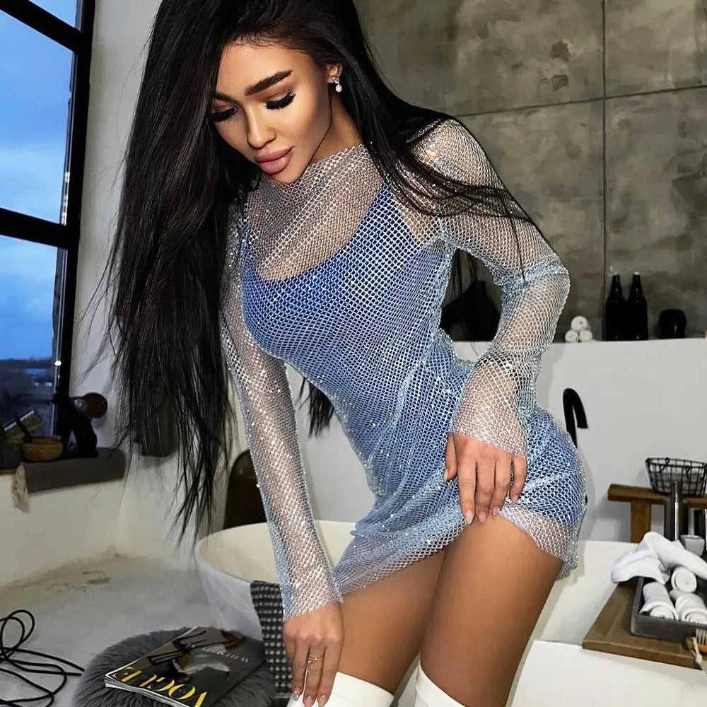 2022 Summer Sexy Girls See Through Mesh Night Club Warp Dress Long Sleeve Mini Bodycon - Blade & Thread