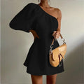 2023 Loose Slim Slanted Shoulder Short Dress nowadaysfashion
