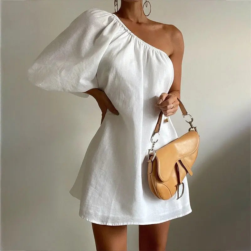 2023 Loose Slim Slanted Shoulder Short Dress - Blade & Thread