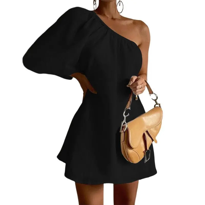 2023 Loose Slim Slanted Shoulder Short Dress - Blade & Thread