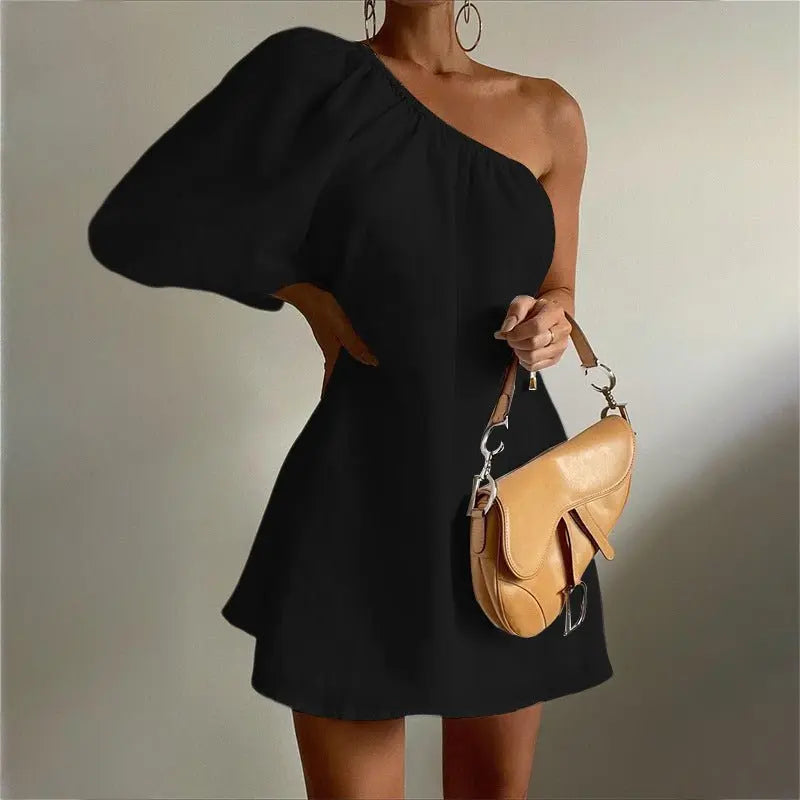 2023 Loose Slim Slanted Shoulder Short Dress - Blade & Thread