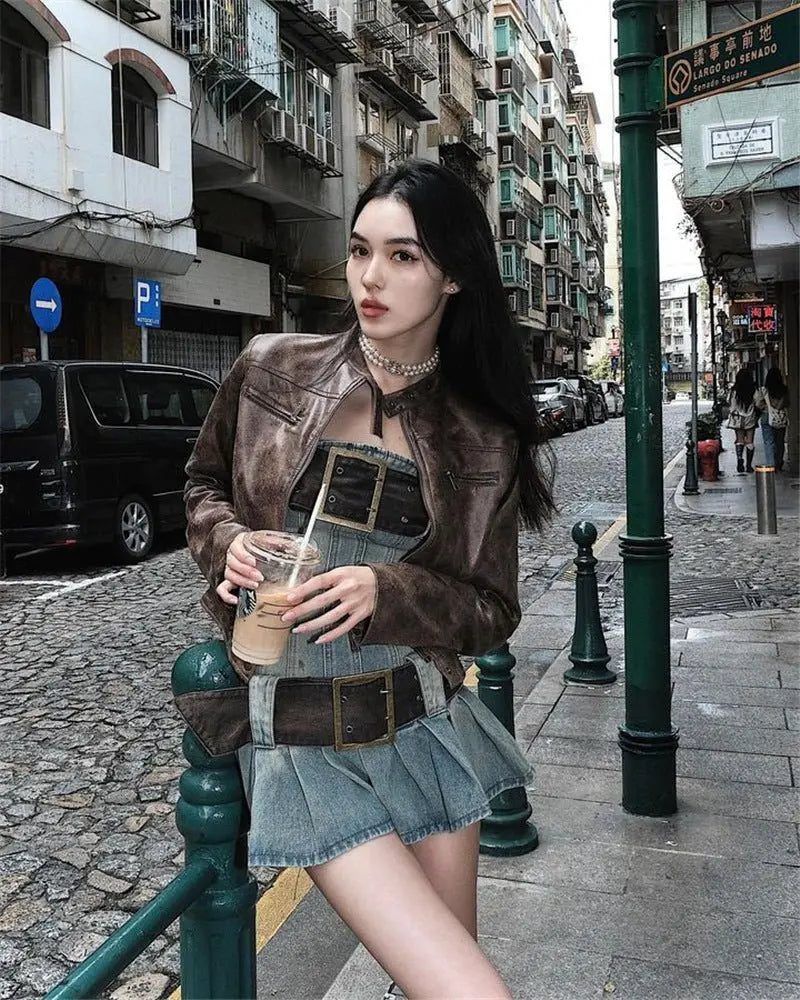 2023 summer detachable belt denim pleated bandeau denim dress - Blade & Thread