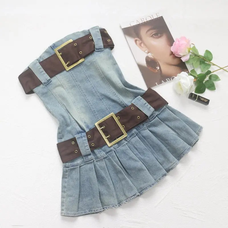 2023 summer detachable belt denim pleated bandeau denim dress - Blade & Thread