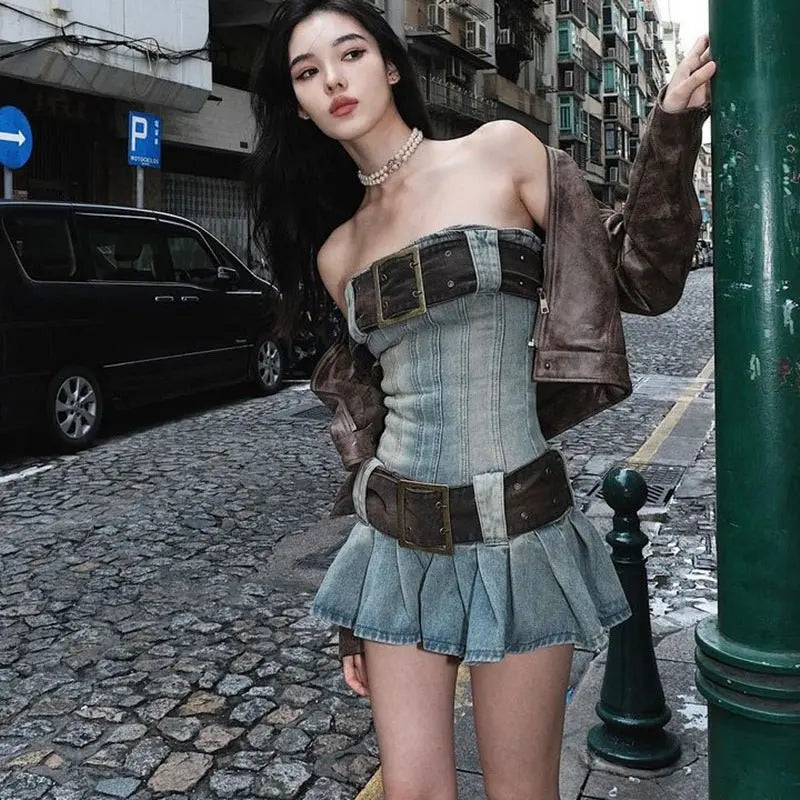 2023 summer detachable belt denim pleated bandeau denim dress - Blade & Thread