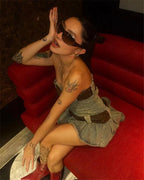 2023 summer detachable belt denim pleated bandeau denim dress nowadaysfashion