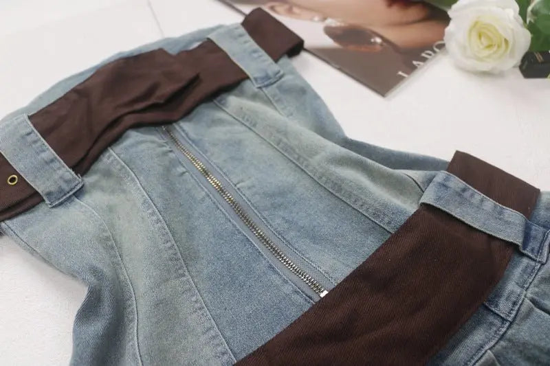 2023 summer detachable belt denim pleated bandeau denim dress - Blade & Thread