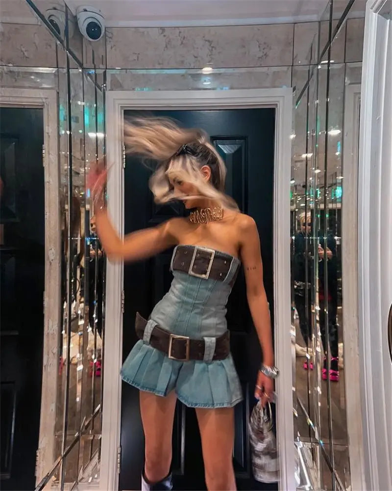 2023 summer detachable belt denim pleated bandeau denim dress - Blade & Thread