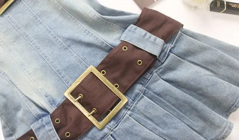 2023 summer detachable belt denim pleated bandeau denim dress - Blade & Thread