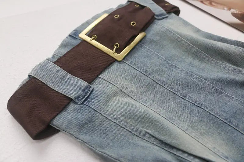 2023 summer detachable belt denim pleated bandeau denim dress - Blade & Thread