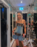 2023 summer detachable belt denim pleated bandeau denim dress nowadaysfashion