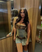 2023 summer detachable belt denim pleated bandeau denim dress nowadaysfashion