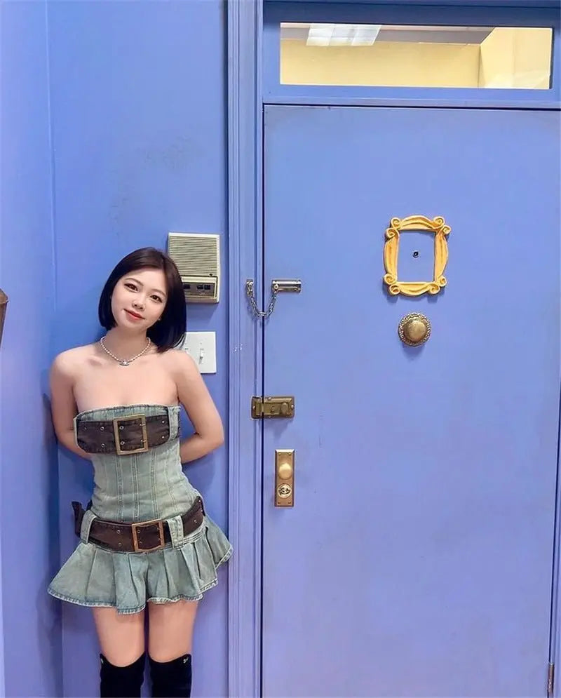 2023 summer detachable belt denim pleated bandeau denim dress nowadaysfashion