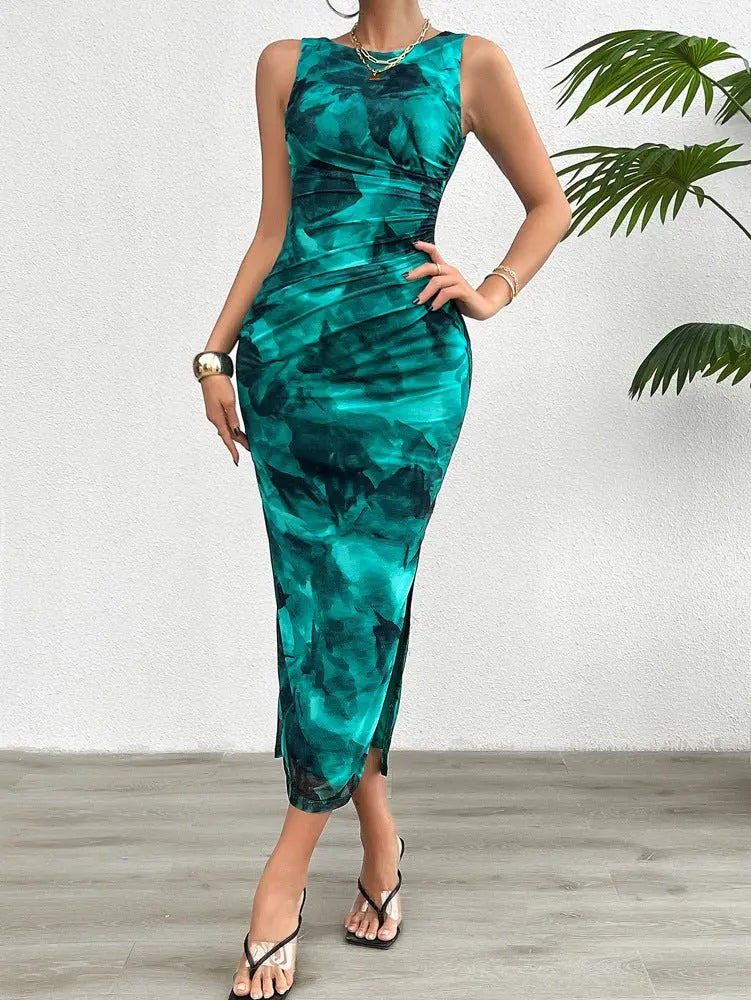 2024 Spring and Summer Tie-Dye Temperament Slim Sleeveless Dress nowadaysfashion