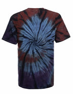SpectraUSA boho spiral tie-dye t-shirt with vibrant spiral pattern, shown from the back, casual and colorful design.