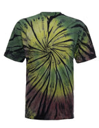 SpectraUSA Dynamite Spiral Tie-Dye T-shirt featuring vibrant, colorful spiral design on front, casual and stylish tee.