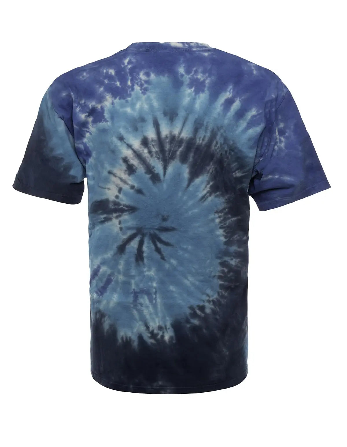 SpectraUSA Midnight Ocean Spiral Tie-Dye T-shirt displayed from the back featuring a vibrant spiral design in midnight blue and ocean hues.
