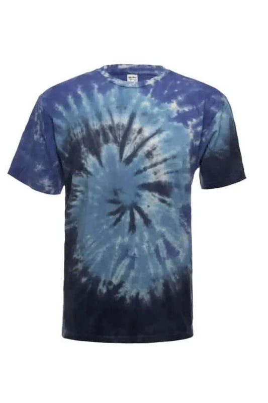 SpectraUSA Midnight Ocean Spiral Tie-Dye T-shirt for crafters and DIY projects, featuring a vibrant spiral tie-dye design on front.