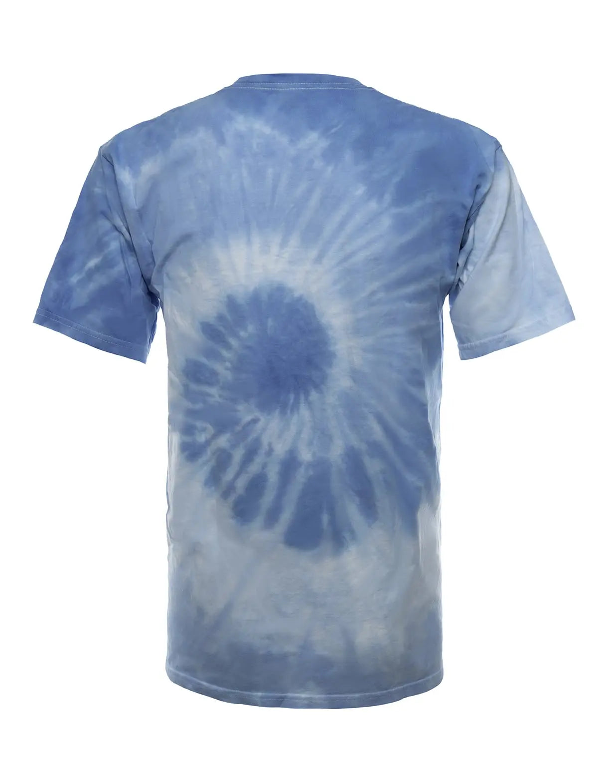 SpectraUSA Sky Multi Spiral Tie-Dye T-shirt with vibrant spiral pattern on back, casual and colorful men's tee.